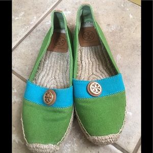Tory Burch green blue canvas espadrille size 7